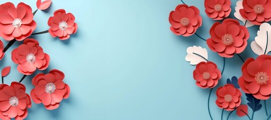 Paper cut red and white flowers on blue background. Floral banner, poster, template with copy space.  - obrazy, fototapety, plakaty