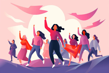 International women's day card. Active women with their hands in the air. Feminist movement for independence, freedom and woman rights, flat illustration.  - obrazy, fototapety, plakaty
