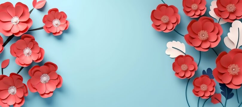 Fototapeta Paper cut red and white flowers on blue background. Floral banner, poster, template with copy space. 