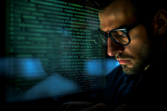 a person with glasses in a dark room looking at computer screen that's displaying codes or programming, with reflections on the glasses keeping the subject engrossed in