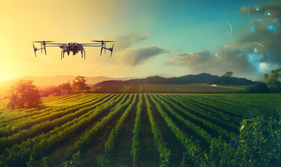 drone flying on farmland at sunrise background - obrazy, fototapety, plakaty