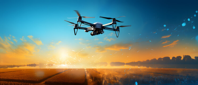 drone flying on farmland at sunrise background