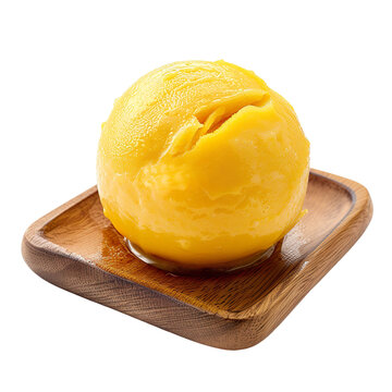 Front view of a ball scoop of mango sorbe ice cream on a wooden tray isolated on a white transparent background