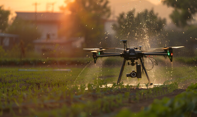Smart farm drone flying spray Modern technologies in agriculture. industrial drone flies over green field and sprays useful pesticides to increase productivity destroys harmful insects. - obrazy, fototapety, plakaty