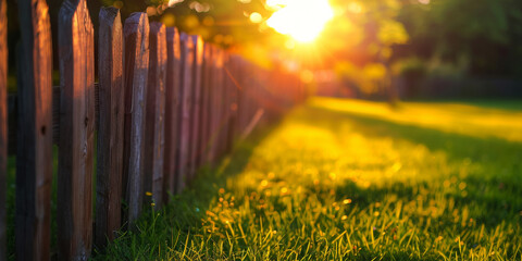 Sunset Glow on a Wooden Fence.
Warm sunset light casting glow on a rural wooden fence and grass.