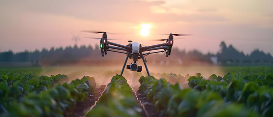 Smart farm drone flying spray Modern technologies in agriculture. industrial drone flies over green...