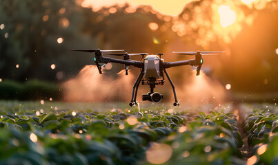 Smart farm drone flying spray Modern technologies in agriculture. industrial drone flies over green field and sprays useful pesticides to increase productivity destroys harmful insects. - obrazy, fototapety, plakaty