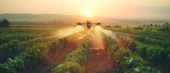 Smart farm drone flying spray Modern technologies in agriculture. industrial drone flies over green field and sprays useful pesticides to increase productivity destroys harmful insects.
