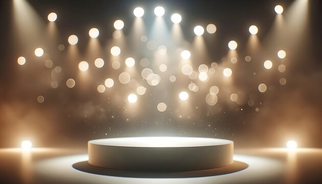 Podium with a minimalist flair, soft bokeh lights, and dreamy ambiance. 3d stage for product display. an abstract platform for product presentation. podium for advertisement. tech products mockup.