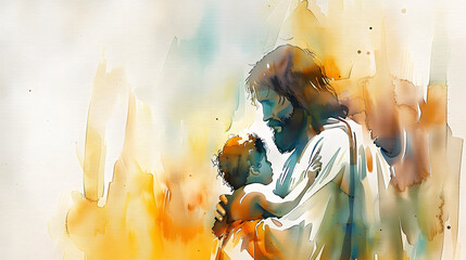 Watercolor illustration of Jesus Christ holding a child in his arms. Watercolor painting - obrazy, fototapety, plakaty