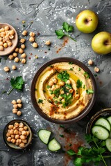 Top view of hummus in a bowl garnished with parsley and paprika on a texture background