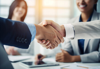 Photo of young successful business people hand shaking after meeting