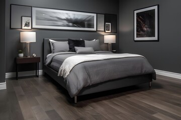 Gray bedroom Dark wooden floor with a bed, with minimalist decoration and faux frame