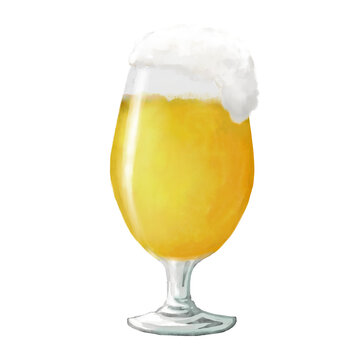 グラスに入った泡があふれているビールのリアルな水彩イラスト