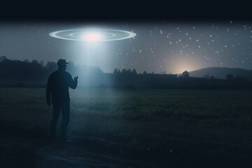 a science fiction concept of a man with a torch looking at an alien UFO. floating above a field on a spooky foggy night in the countryside