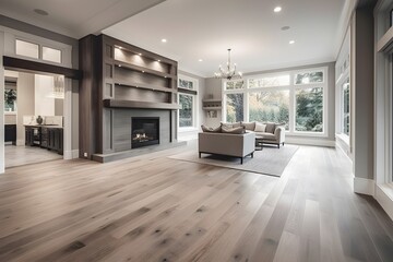 Fototapeta na wymiar Beautiful living room with hardwood floors and fireplace in new luxury home