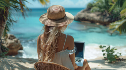 Digital nomad with a hat working remotely with her laptop from a paradise beach. Digital lifestyle and nomadic life.generative ai