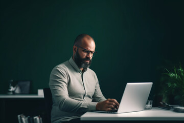 a serious businessman with glasses working on his computer