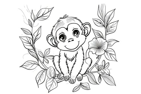 Black and white illustration for coloring animals, monkey.