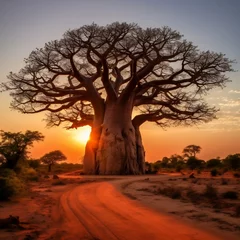 Foto op Plexiglas a baobab tree in the sunset, background,  © minsun