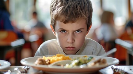 dissatisfied boy in the school cafeteria doesn't want to eat his lunch, International School Meals Day, banner