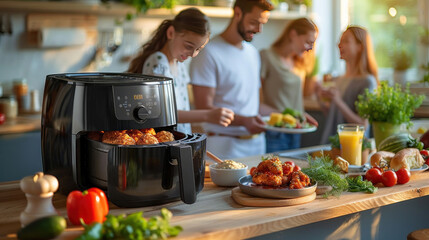 A family make breakfast with the air fryer together. father, mother, daughter and son cook together at home.