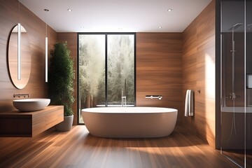 Front view of a wooden bathroom with a white bathtub and shower. Modern hardwood parquet bathroom with a minimalistic design, no people