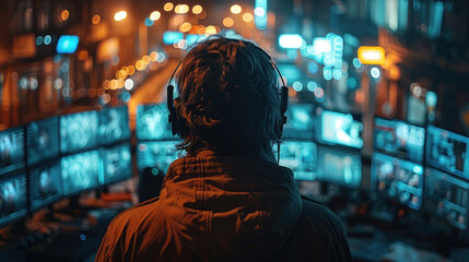 Fototapeta premium Back view of a Military watchdogs are working on a city monitoring operation at the Central Office for Cyber Control.