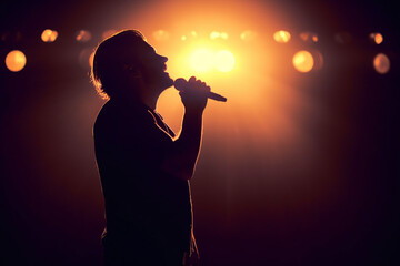 A silhouetted man singing with stage lights in the background. Photographed directly into the lights to create flare