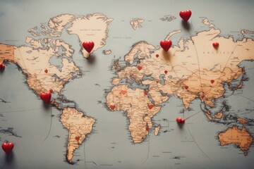 A world map with heart-shaped markers on significant locations