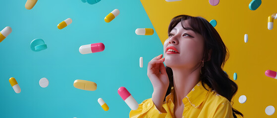 Closeup of woman holding pills in her hands.