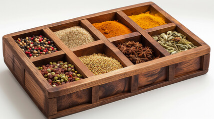 Indian spices in wooden display on white background.