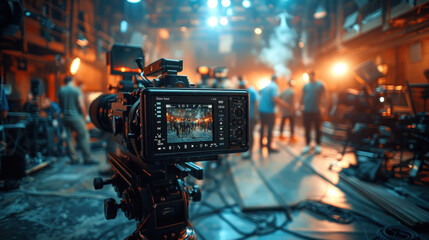 Behind the scenes of filming video production. film crew on the set in film studio. Backstage video production recording.