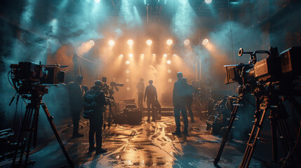 Fototapeta premium Behind the scenes of filming video production. film crew on the set in film studio. Backstage video production recording.