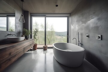 Interior of a gray bathroom with concrete floor, white bathtub, contemporary interior with countryside views