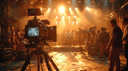 Behind the scenes of filming video production. film crew on the set in film studio. Backstage video production recording.