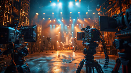 Behind the scenes of filming video production. film crew on the set in film studio. Backstage video production recording. - obrazy, fototapety, plakaty