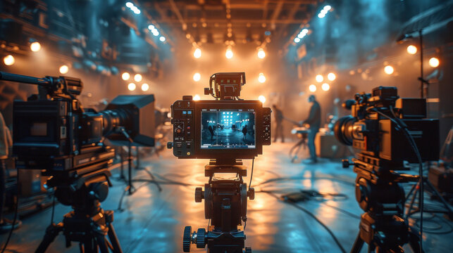 Behind the scenes of filming video production. film crew on the set in film studio. Backstage video production recording.