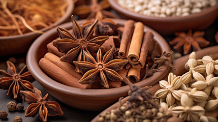 Close-up of a bowl with star anise and cinnamon stick