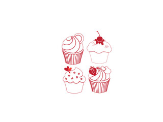Birthday cake flat icon Happy Birthday.cupcake and yogurt in doodle style.Little delicious cakes , pastry sets.Sweet pastries decorated with cherry, raspberries, heart,chocolate. 