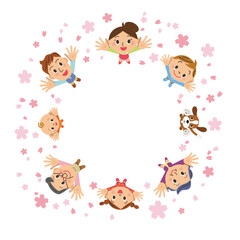 桜を上を見上げる三世代家族