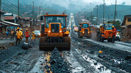 Civil engineers work at road construction sites to supervise new road construction.