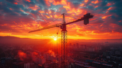 Fototapeta premium Construction site with crane and building on sunset sky with cloud background.