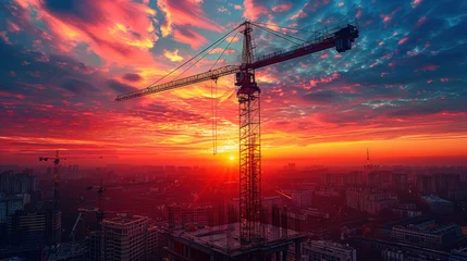 Tuinposter Construction site with crane and building on sunset sky with cloud background. © tong2530