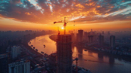 Naklejka premium Construction site with crane and building on sunset sky with cloud background.