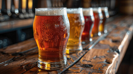 Craft beer on wooden bar. Tap beer in pint glasses arranged in a row.