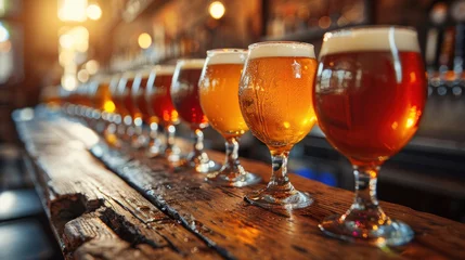 Foto op Canvas Craft beer on wooden bar. Tap beer in pint glasses arranged in a row. © tong2530