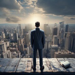 Fototapeta na wymiar Man Standing on Top of Building, Looking at City Skyline