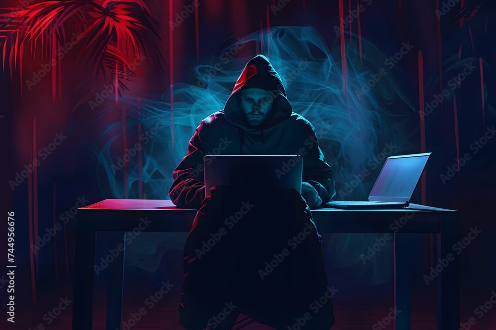 Poster guy hacker sits at a table in front of a laptop on a dark background. the man is stealing data. the 