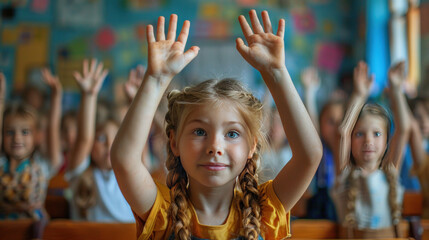 Fototapeta premium Elementary school students raise their hands to answer teacher questions in class room.